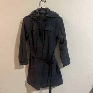REI Belted Rain Trench Coat Hooded Zip up Black Women Size M